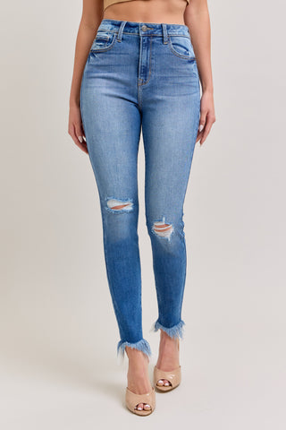 Distressed Mid Rise Ankle Skinny