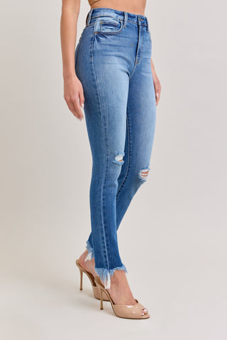 Distressed Mid Rise Ankle Skinny